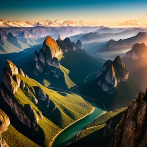 Majestic Mountain Scenery: Peaks, Valley, and Sunset