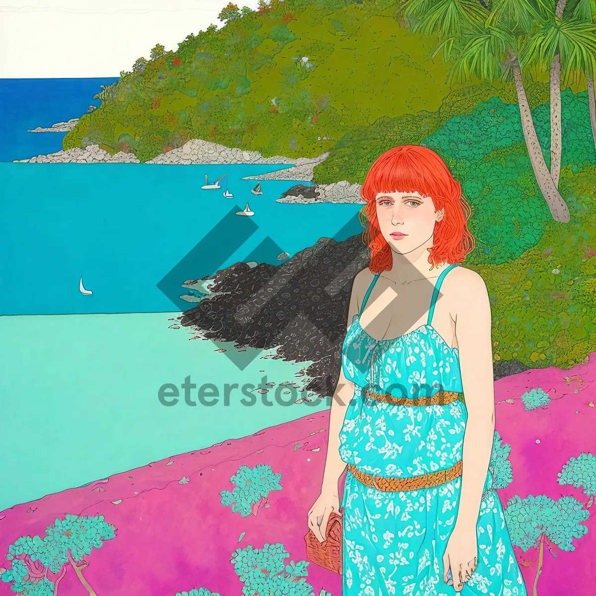 Picture of Smiling Summer Poolside Beauty in Fashionable Sarong