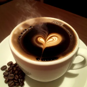 Hot Cappuccino on Saucer with Coffee Beans