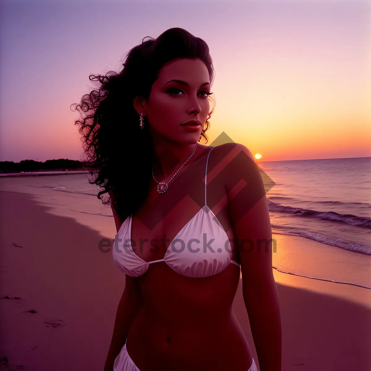 Picture of Attractive brunette model in sexy swimsuit on tropical beach.