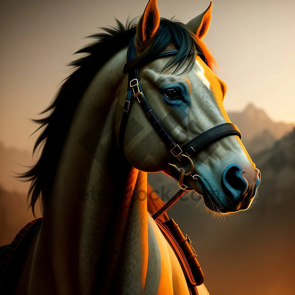 Picture of Thoroughbred Stallion in Brown Mane, Equestrian Headgear