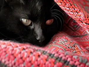 Fluffy black kitten on cozy rug.