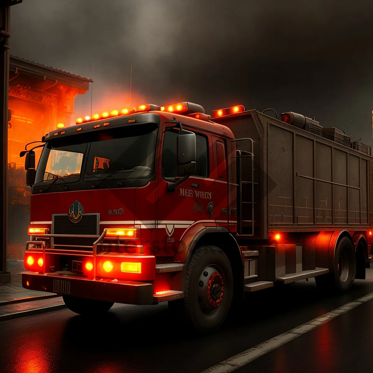 Picture of Fire Engine Racing on Highway with Cloudy Sky