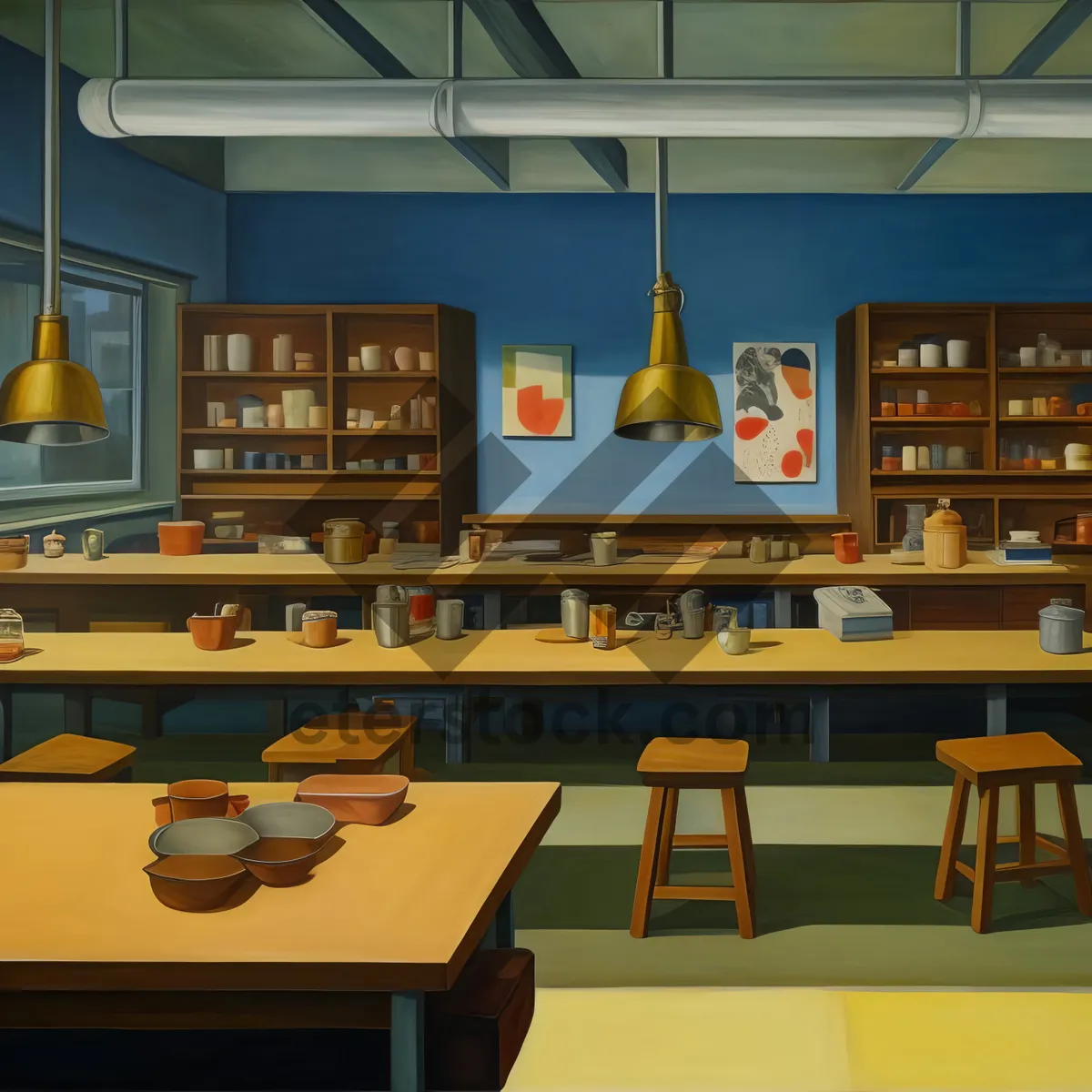 Picture of Modern office interior with wooden furniture and floor lamp