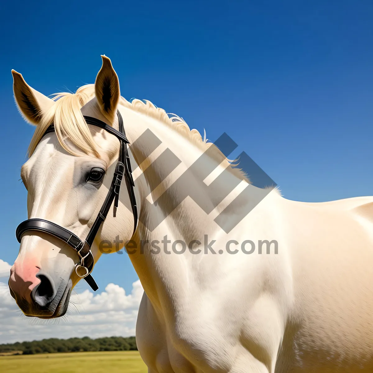 Picture of Beautiful Brown Stallion Grazing in Rural Meadow