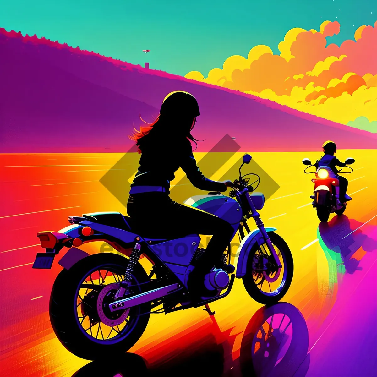 Picture of Silhouetted Motorcyclist Racing Against a Vibrant Sunset