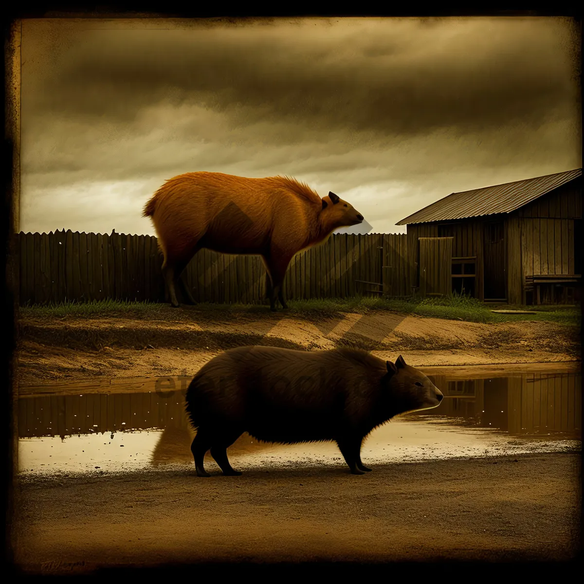 Picture of Majestic Swine Grazing in Rural Pasture