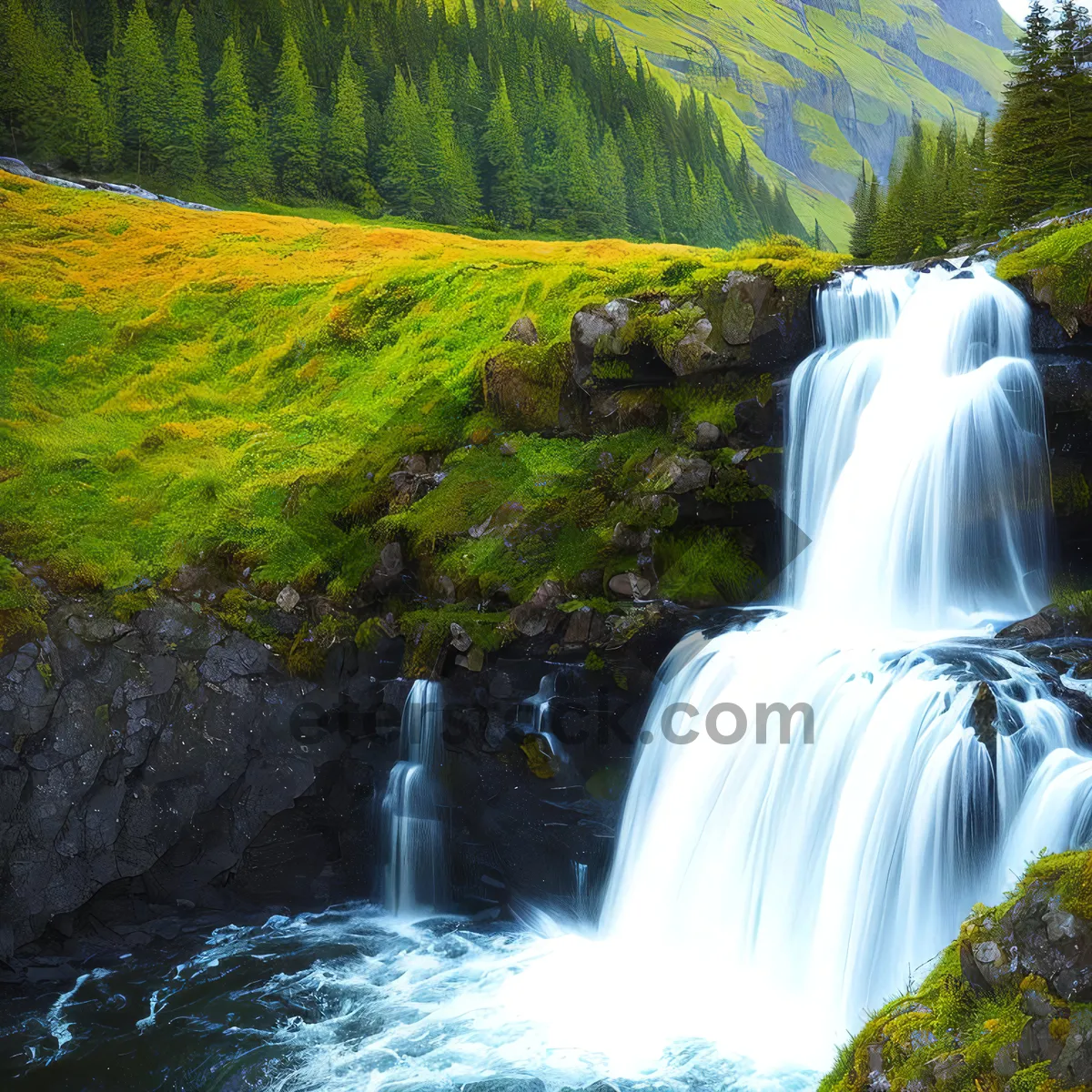 Picture of Serene Waterfall Flowing Through Enchanting Forest