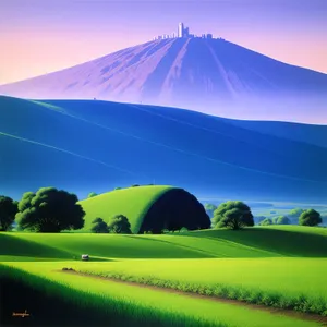 Vibrant countryside meadow under clear summer sky.