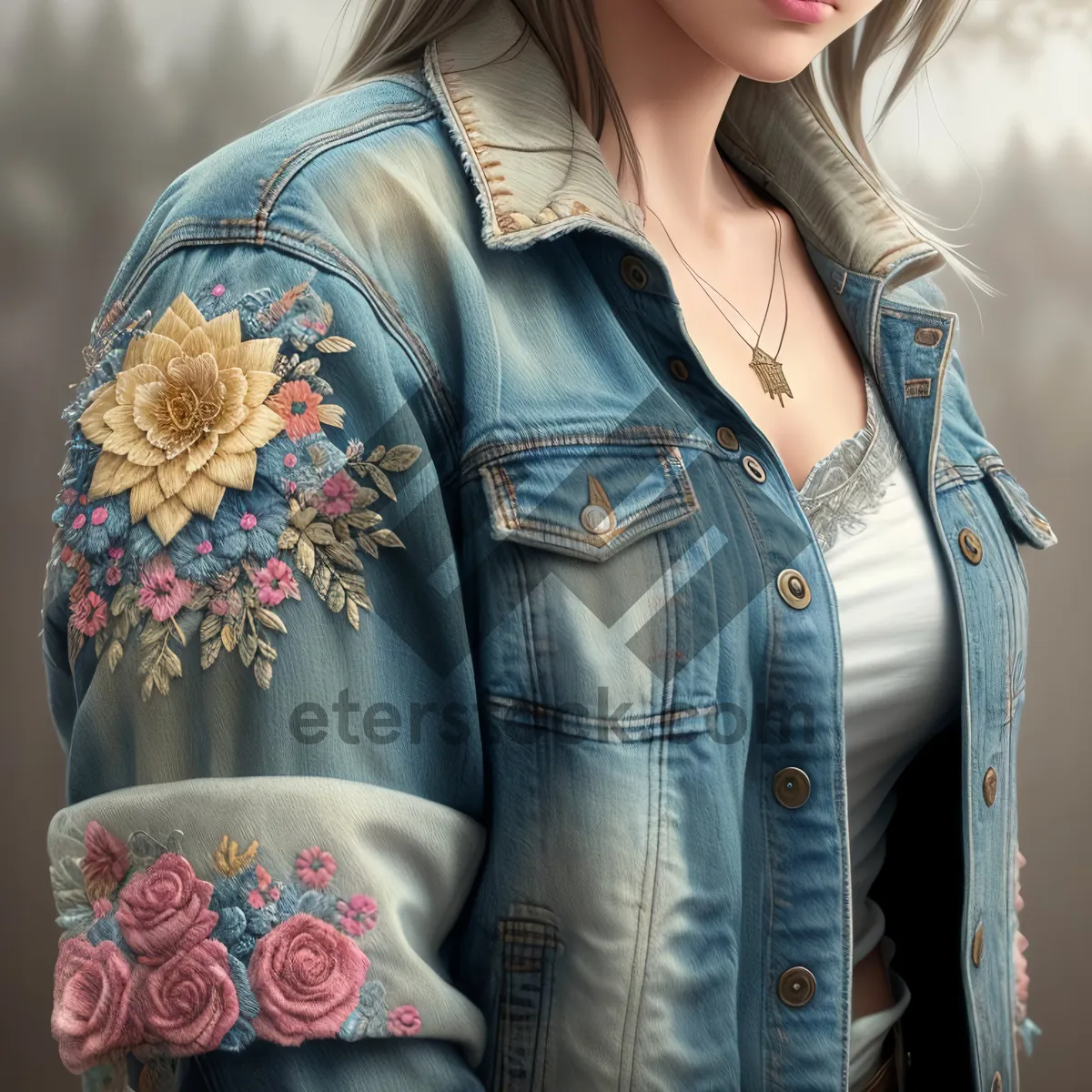 Picture of Stylish brunette businesswoman in trendy jeans jacket