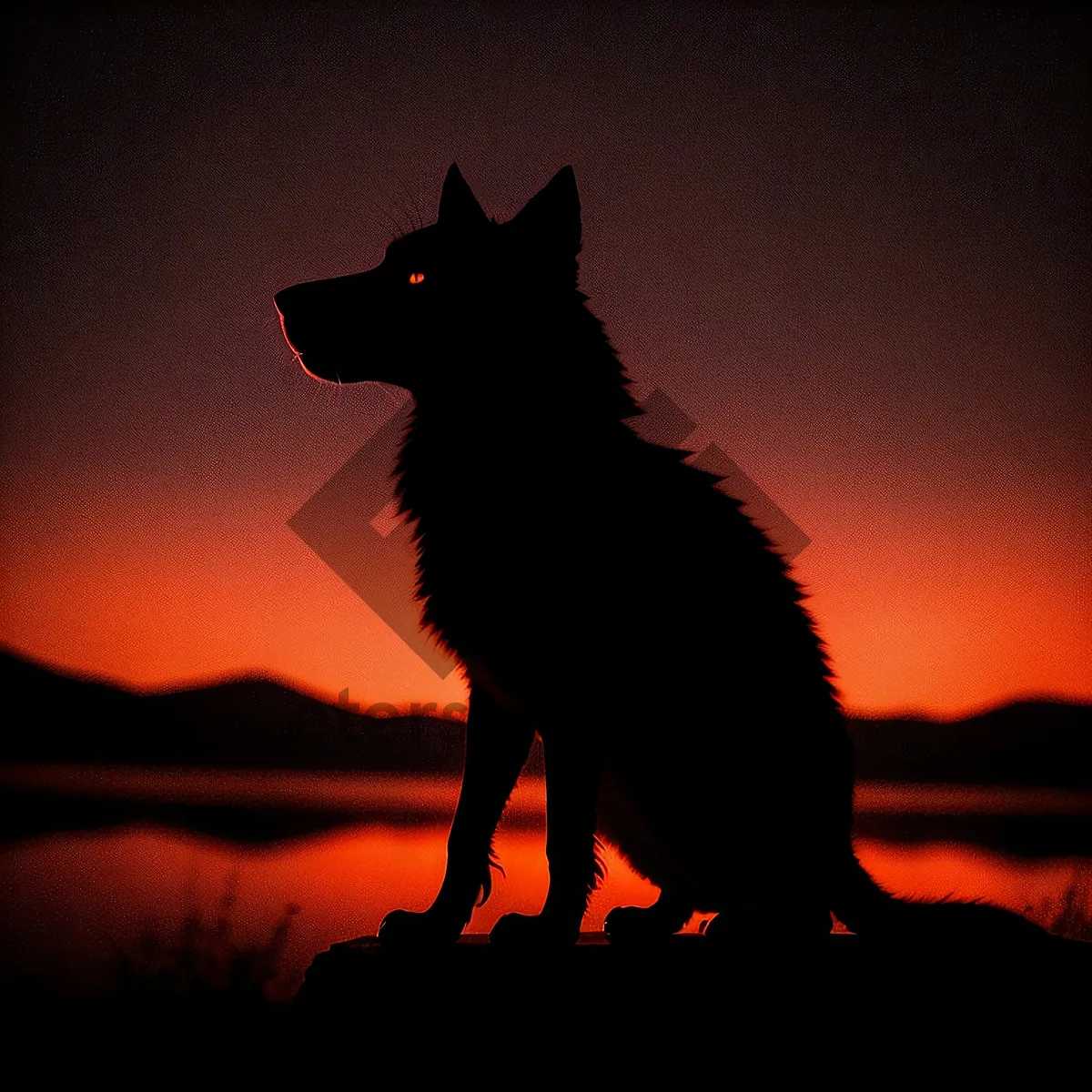 Picture of Sunset Silhouette: Majestic Shepherd Dog on Beach