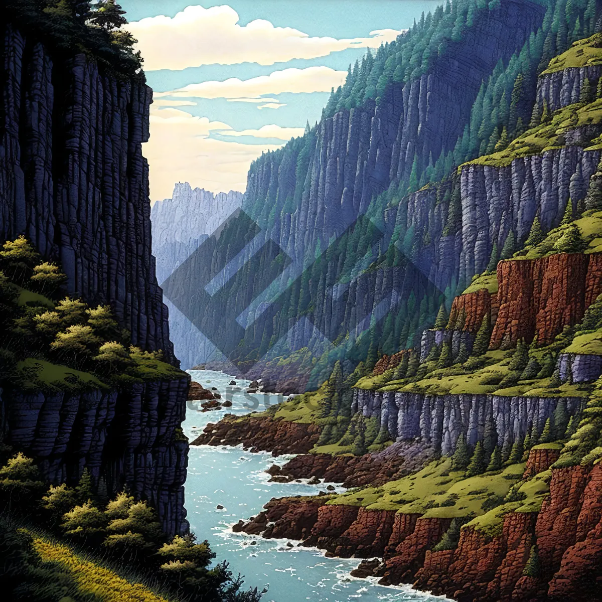 Picture of Majestic Ravine: A Serene Valley Embracing a Rushing River Amidst Towering Mountains