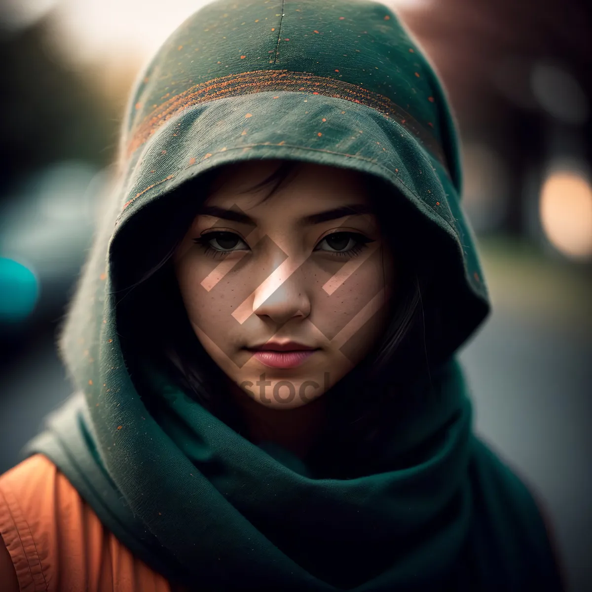 Picture of Pretty woman in white robe and scarf - a fashionable portrait