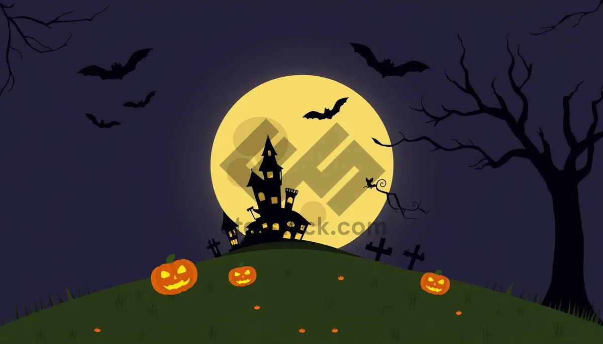 Picture of Creepy Night Silhouette with Moon and Bat.