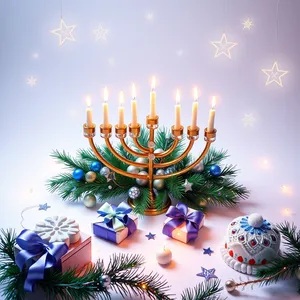 Decorative holiday card with star and menorah design