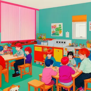 Cartoon Classroom with Happy Children and Boy