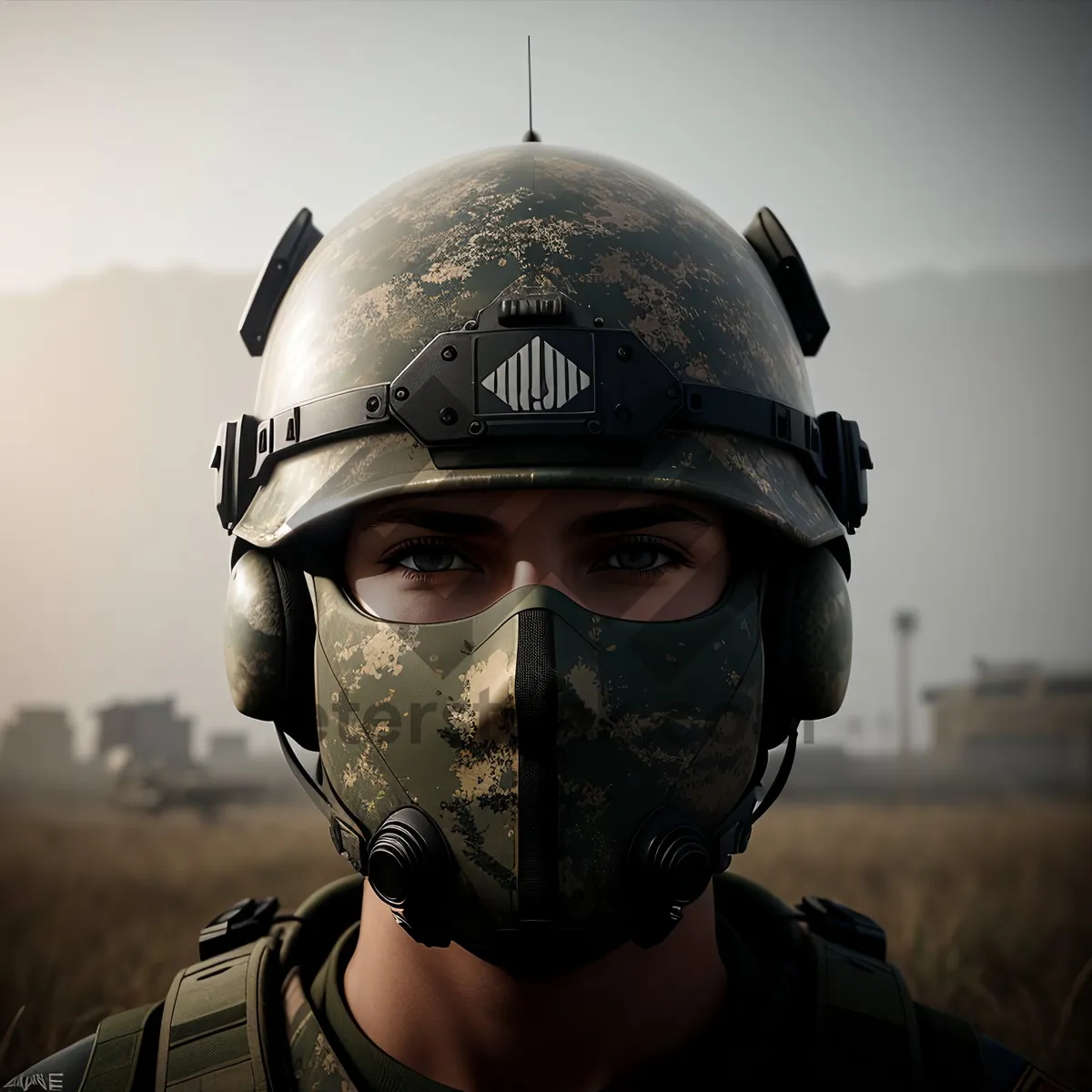 Picture of Soldier in Protective Helmet with Oxygen Mask