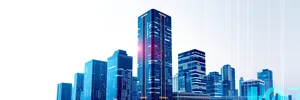 Modern corporate tower in the futuristic city skyline