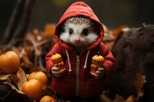 Cute Child Portrait with Little Opossum and Pumpkin