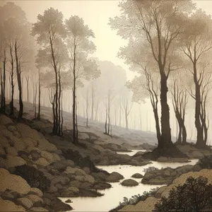 Frosty Woods: Serene Winter Landscape with Snowy River and Woody Trees