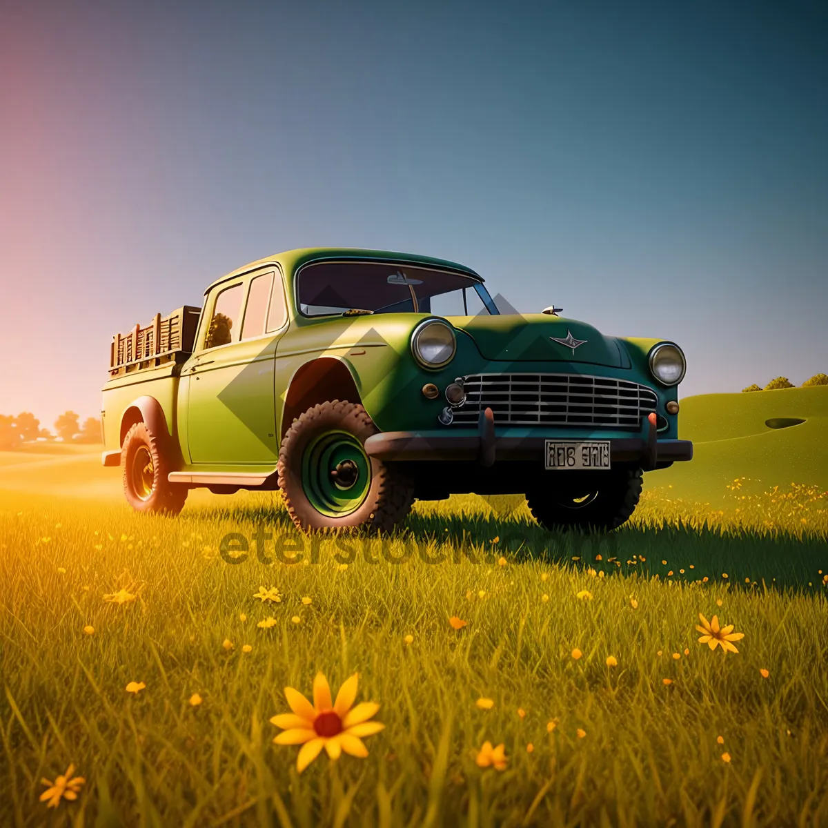 Picture of Idyllic countryside landscape with lush green field and picturesque sky