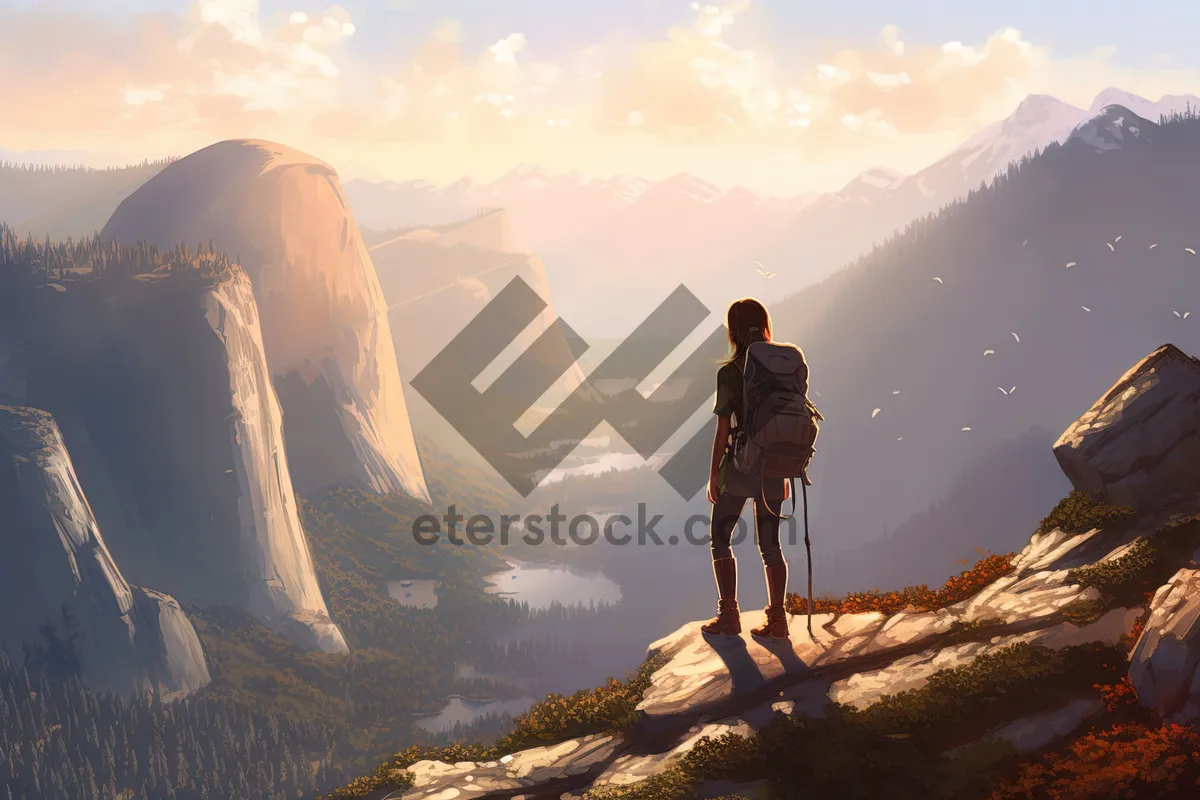 Picture of Mountain trekking adventure with man hiking uphill