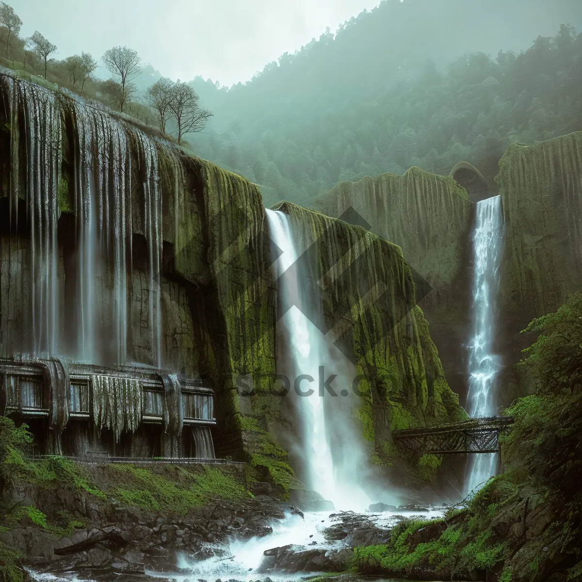 Picture of Majestic Waterfall Flowing Through Tranquil Forest