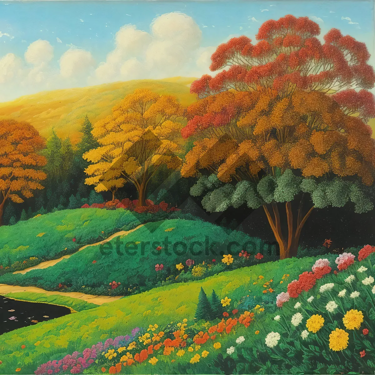 Picture of Idyllic countryside landscape with rolling hills and blooming meadows