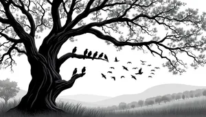 Black silhouette of oak tree against sky