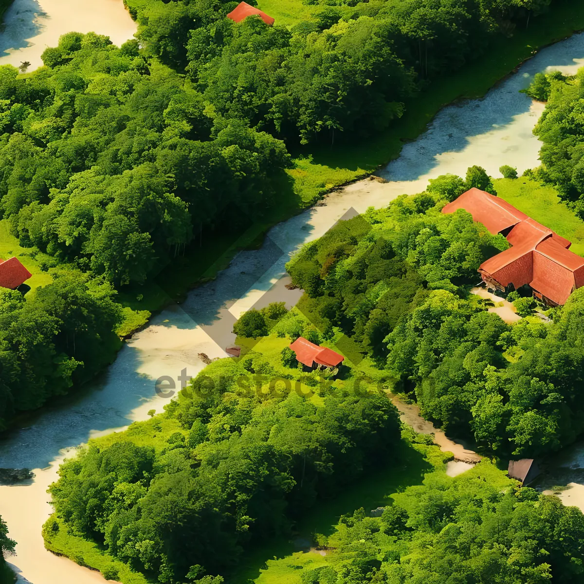 Picture of Idyllic Waterside Haven: Tranquil Forest with Mountain backdrop