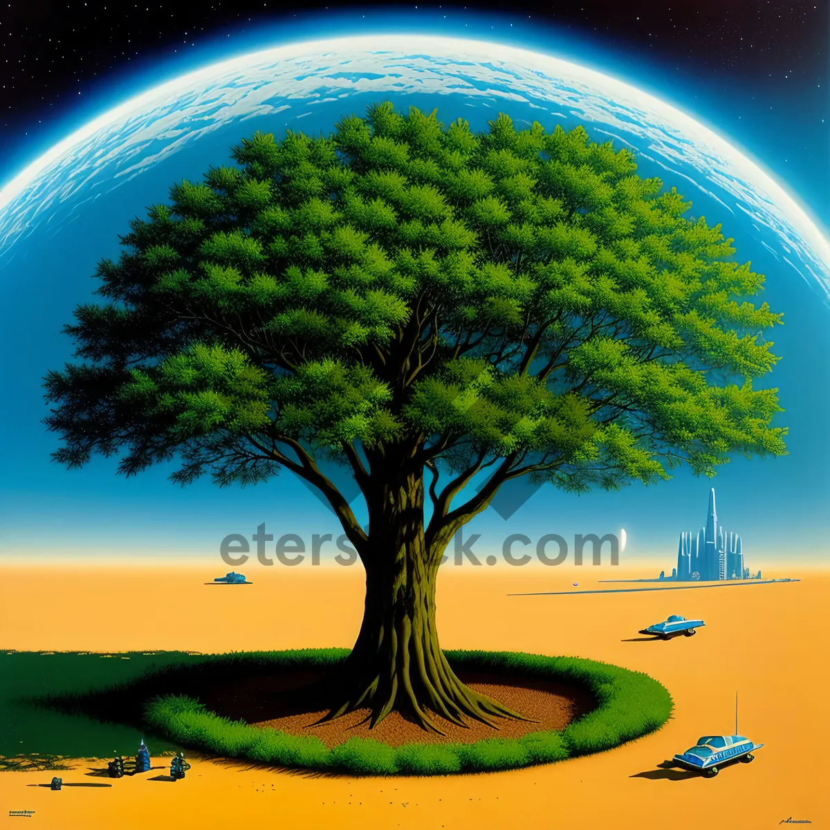 Picture of Serene Night Ocean with Majestic Tree Silhouette