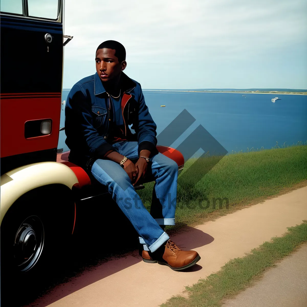 Picture of Man Driving Golf Car on Road