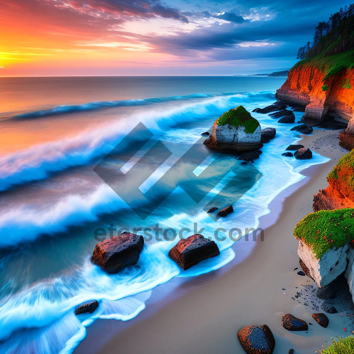 Picture of Tranquil Shore with Turquoise Waters and Palm Trees