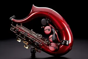 Shiny bass saxophone with globe background.