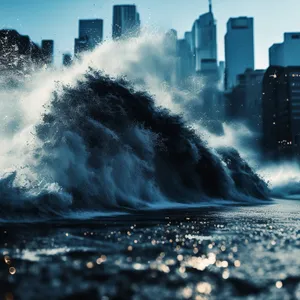 Cityscape skyline with waves and fountain by the sea