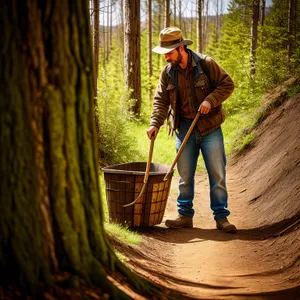 Man using broom for outdoor cleaning.