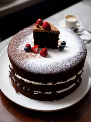 Delicious chocolate raspberry cake with mint garnish.