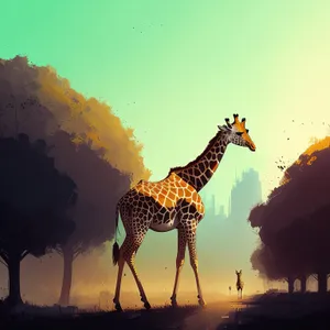 Giraffe silhouette basking in the sunset.