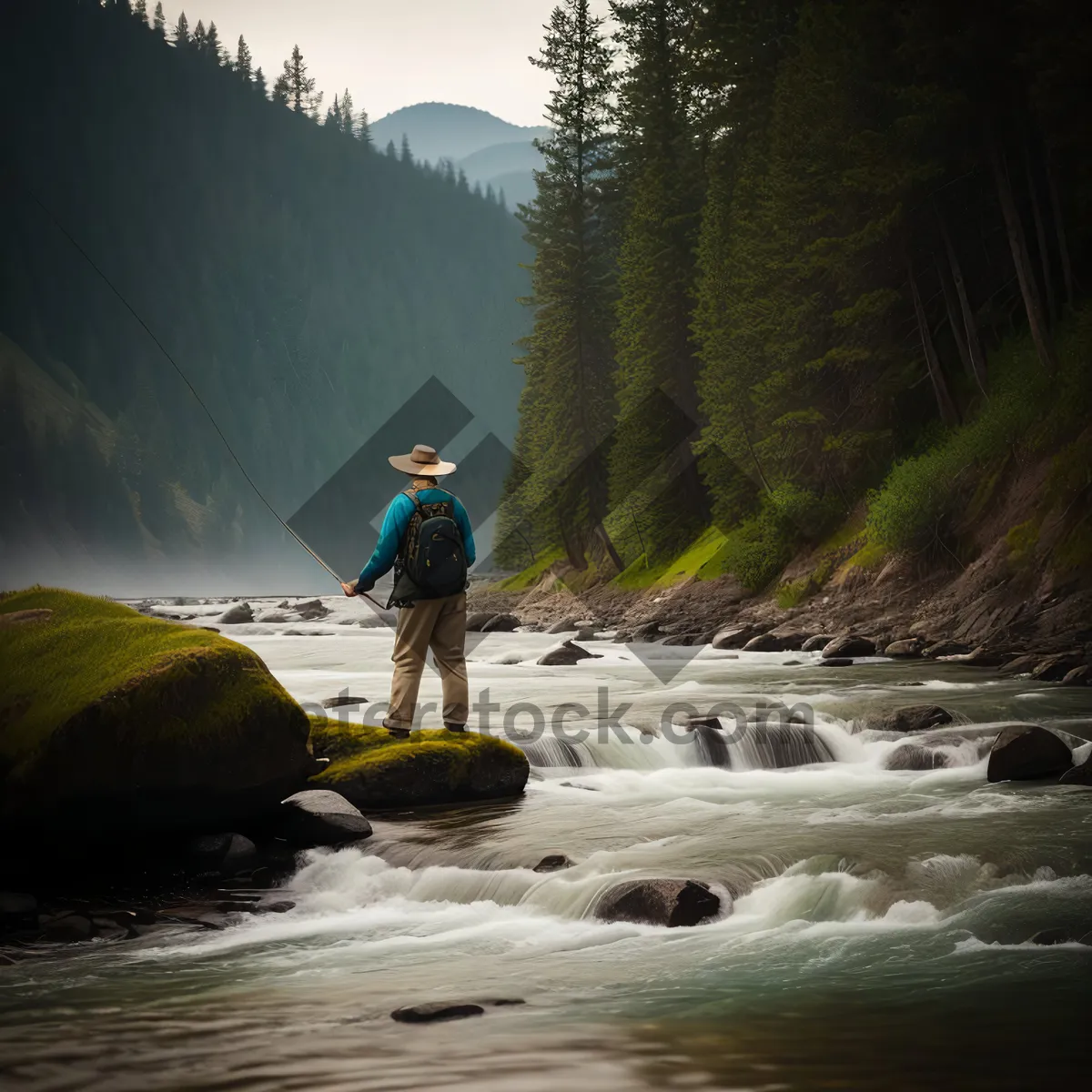 Picture of Serene River Reflection in Majestic Forest Setting