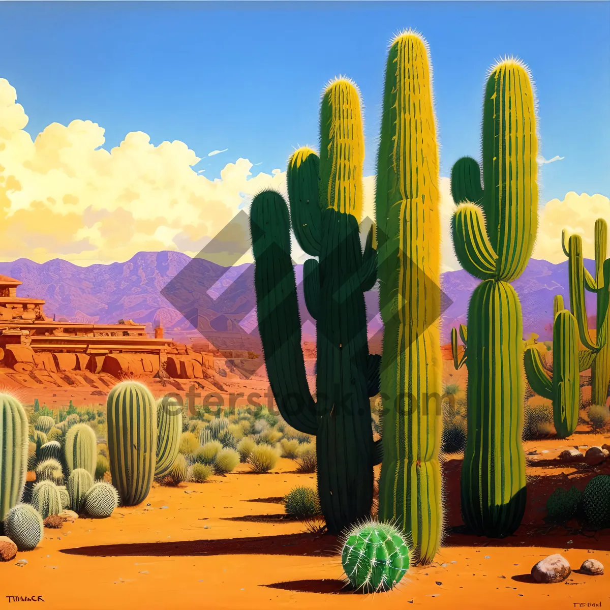 Picture of Saguaro cactus amidst desert landscape under dramatic sky