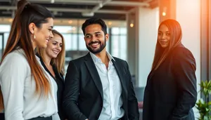 Diverse professional team smiling in office meeting.