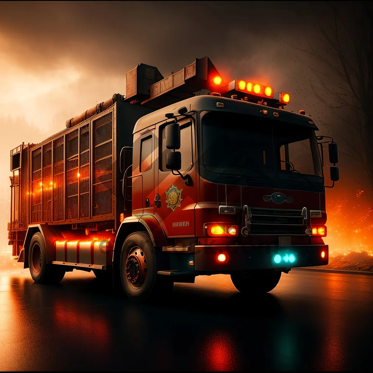 Picture of Fast and Heavy Fire Engine Truck on the Highway