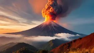 Fiery mountain landscape engulfed in flames and smoke.