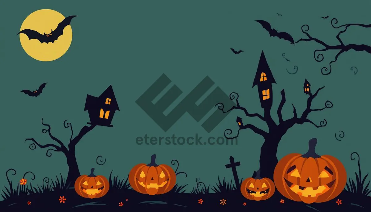 Picture of Halloween Night Silhouette Design with Moon and Bat
