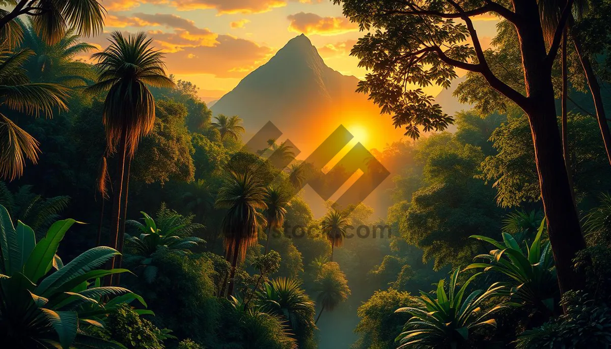 Picture of Tropical sunset over palm tree-lined beach paradise.