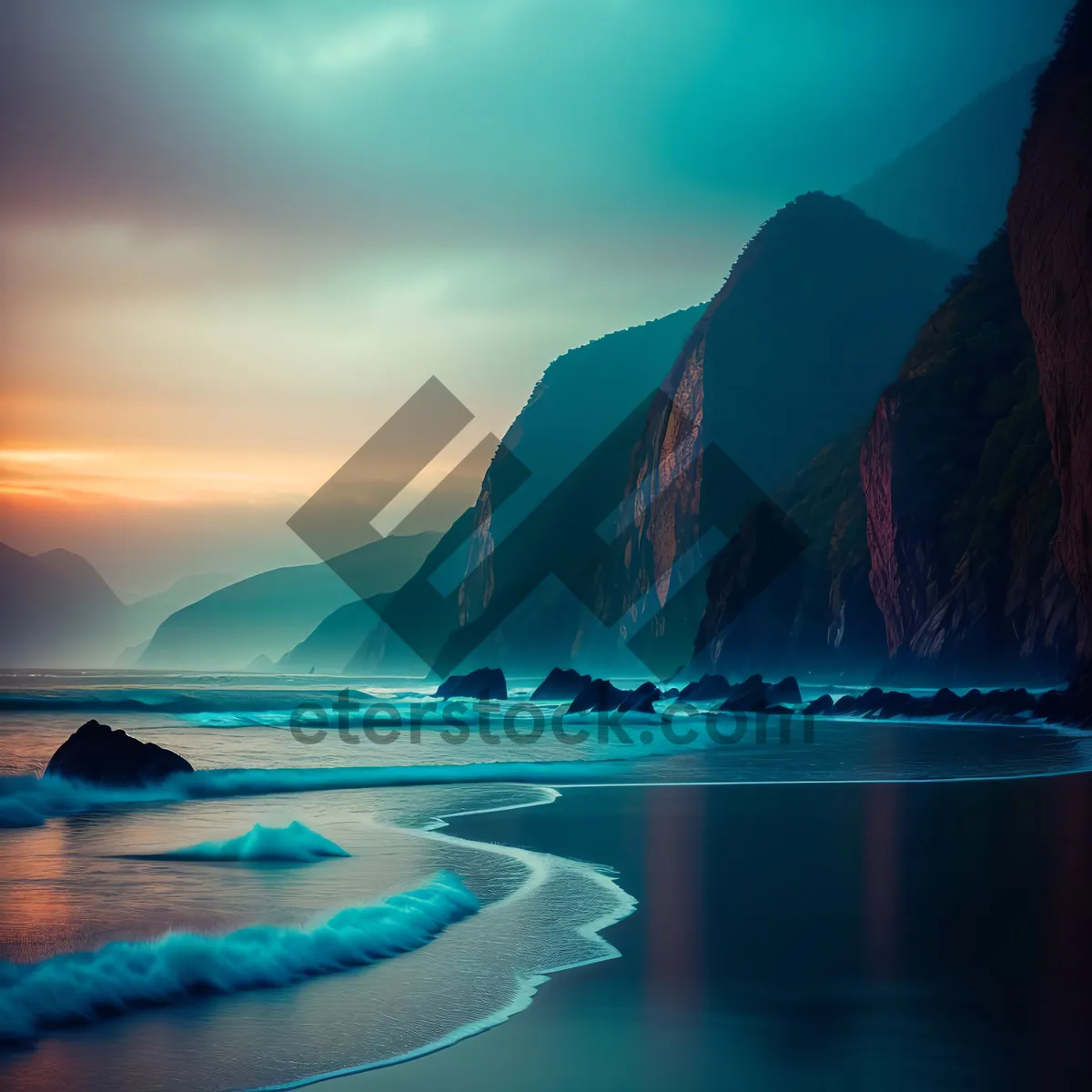 Picture of Serene Sunset Over Turquoise Ocean Waves