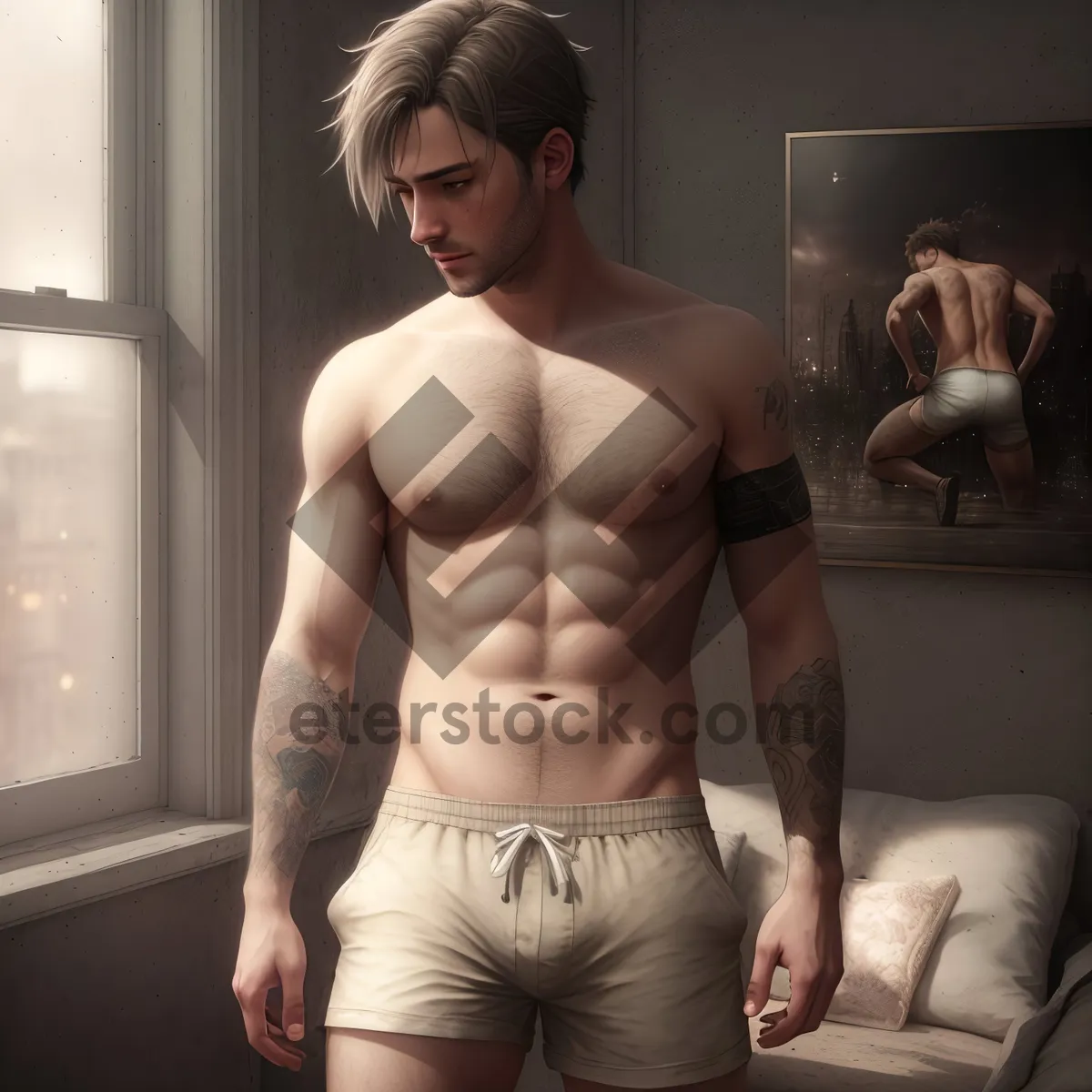 Picture of Muscular wrestler exudes sensual masculinity in revealing lingerie.