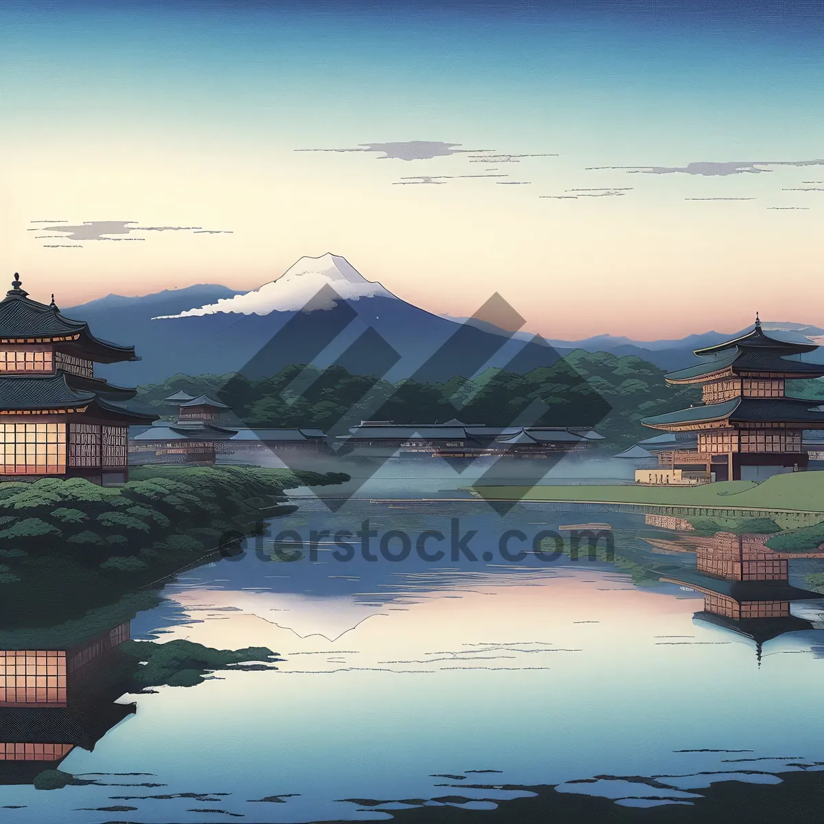 Picture of Serene Lakeside Cityscape with Majestic Mountains