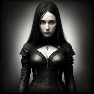 Seductive Beauty: Leather-clad Attractive Model Posing in Elegant Black Dress