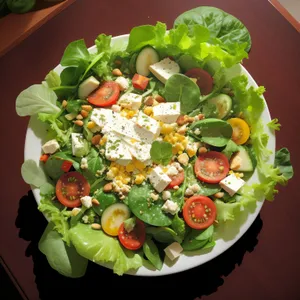 Healthy vegetable salad with cheese and olive oil dressing.